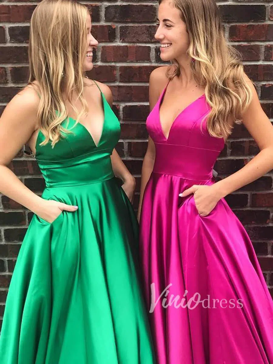 Simple Emerald Green V Neck Satin Long Prom Dresses with Pockets FD1355-prom dresses-Viniodress-Fuchsia-US 2-Viniodress