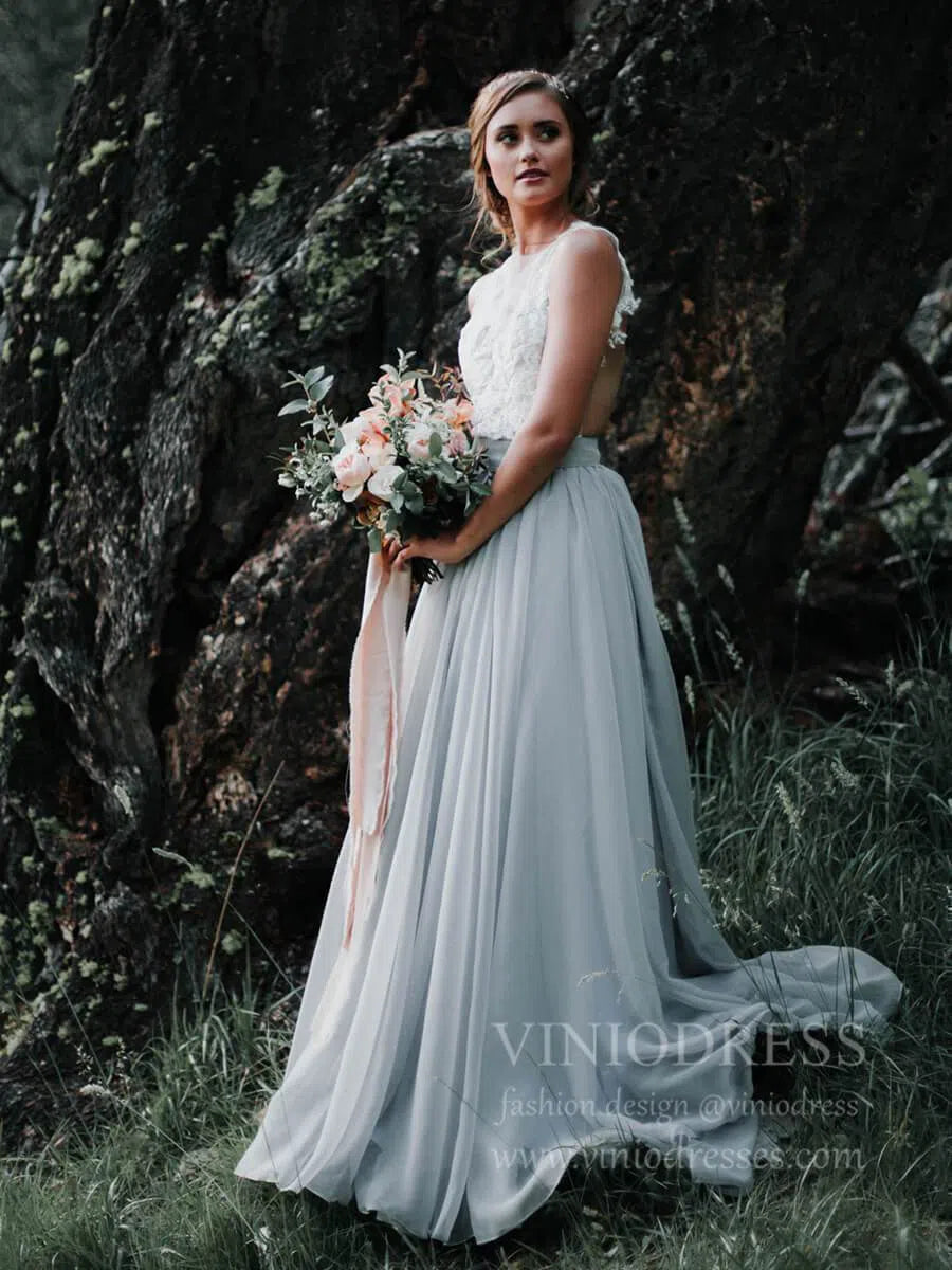 Simple Grey Rustic Wedding Dresses Lace Appliqued Chiffon Wedding Dres – Viniodress
