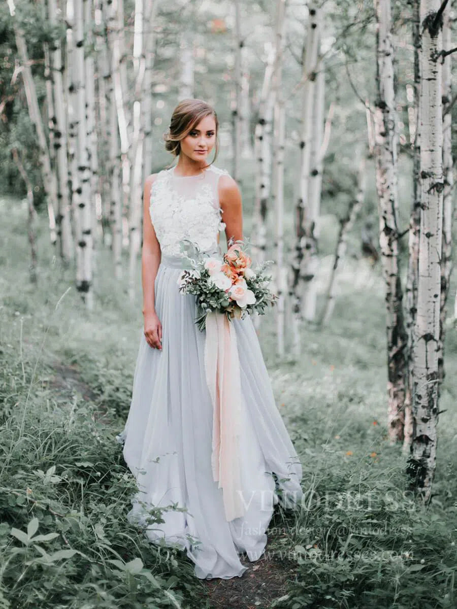Simple Grey Rustic Wedding Dresses Lace Appliqued Chiffon Wedding Dres – Viniodress