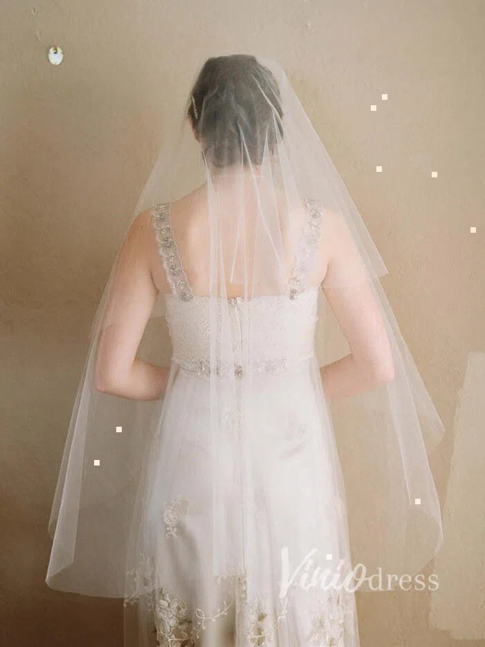 Simple Ivory Tulle Drop Veil Crystal Comb Wedding Veils ACC1054-Bridal Veil 2025 -Viniodress-Ivory-