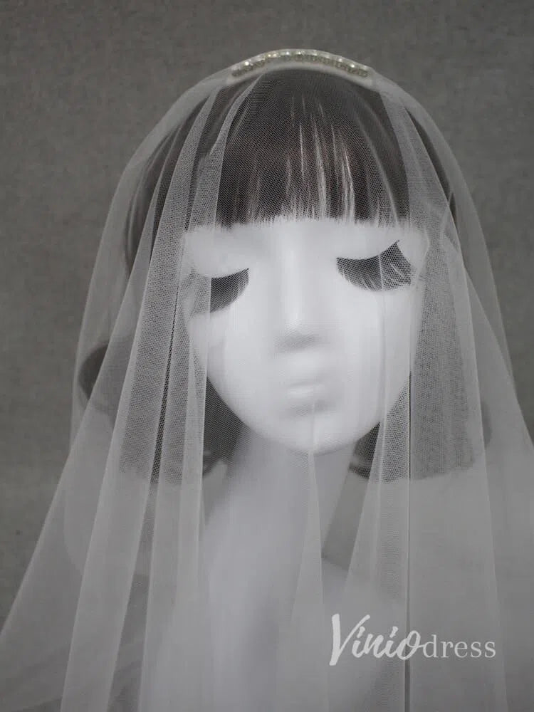 Simple Ivory Tulle Drop Veil Crystal Comb Wedding Veils ACC1054-Bridal Veil 2025 -Viniodress-Ivory-
