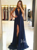 Simple Long Chiffon Navy Blue Prom Dresses with Slit FD1409-prom dresses-Viniodress-Navy Blue-Custom Size-Viniodress