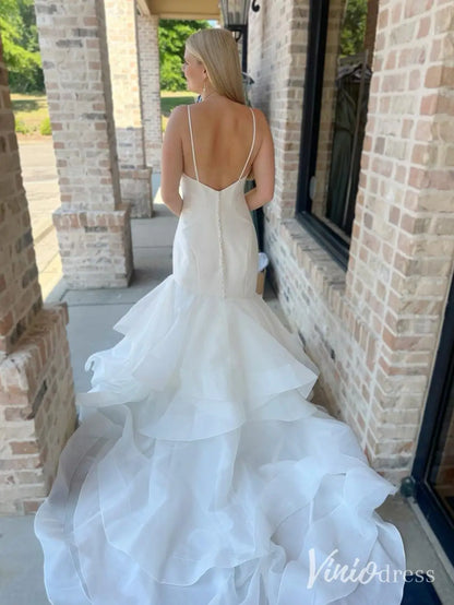 Simple Mermaid Wedding Dress with Spaghetti Straps, V-Neckline, Crepe Bodice, Layered Organza Ruffle Skirt – MN111-wedding dresses 2025 -Viniodress-Ivory-Custom Size-