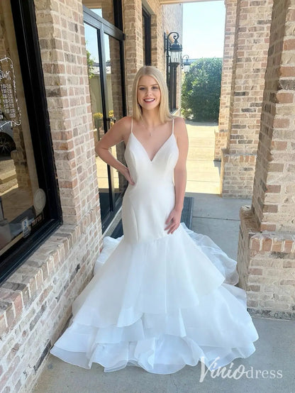 Simple Mermaid Wedding Dress with Spaghetti Straps, V-Neckline, Crepe Bodice, Layered Organza Ruffle Skirt – MN111-wedding dresses 2025 -Viniodress-Ivory-Custom Size-