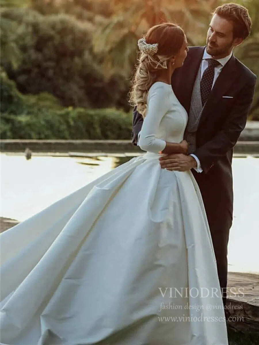 Simple Modest Ball Gown Wedding Dresses with 3/4 Sleeves VW1398-wedding dresses 2025 -Viniodress-Ivory-Custom Size-