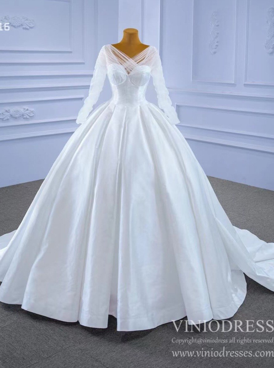 Simple Modest Satin Wedding Gown with Long Sleeves Viniodress 67316-wedding dresses 2025 -Viniodress-As Picture-Custom Size-
