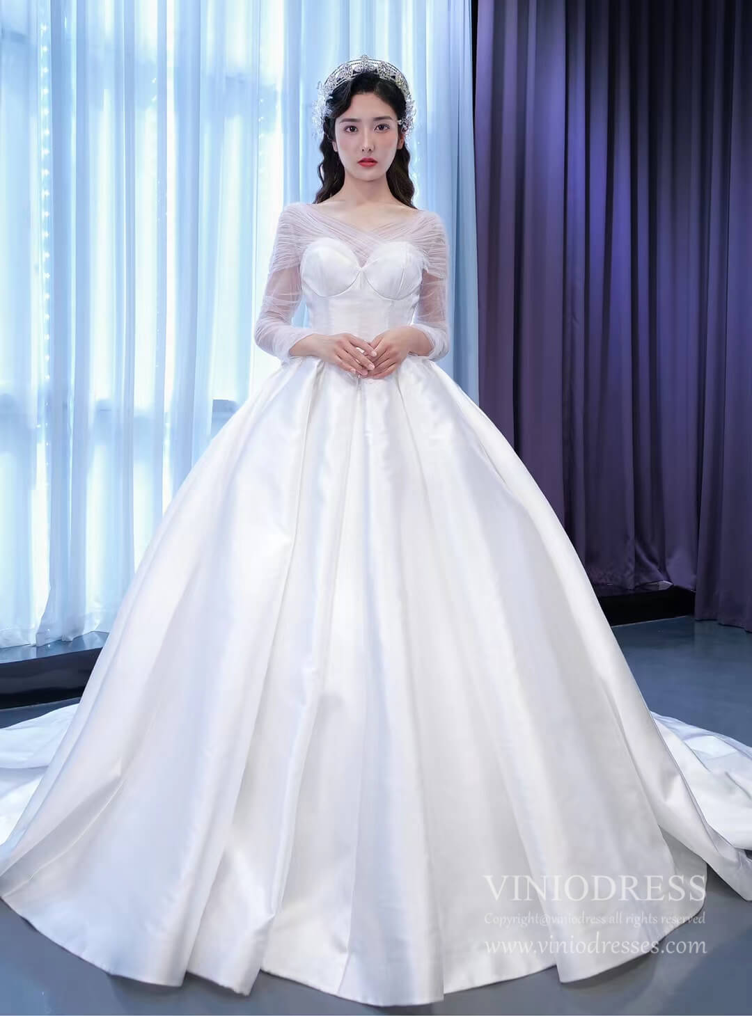 Simple Modest Satin Wedding Gown with Long Sleeves Viniodress 67316-wedding dresses 2025 -Viniodress-As Picture-Custom Size-