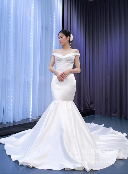 Simple Satin Mermaid Wedding Dresses Off the Shoulder 67299-wedding dresses 2025 -Viniodress-Ivory-Custom Size-