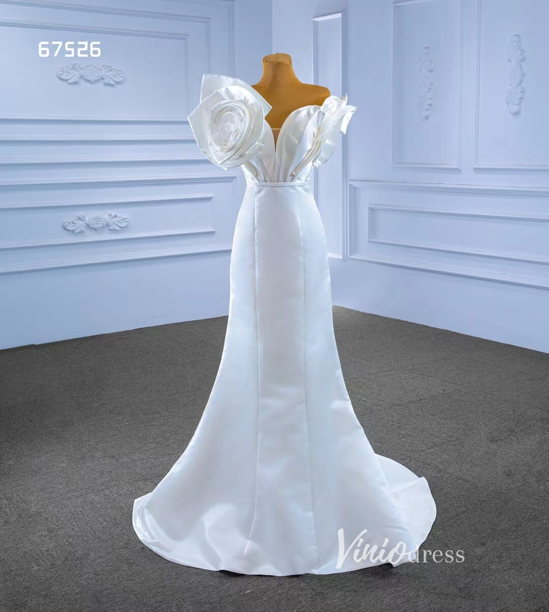 Simple Satin Mermaid Wedding Dresses Rosette Bridal Gown 67526-wedding dresses 2025 -Viniodress-Ivory-Custom Size-