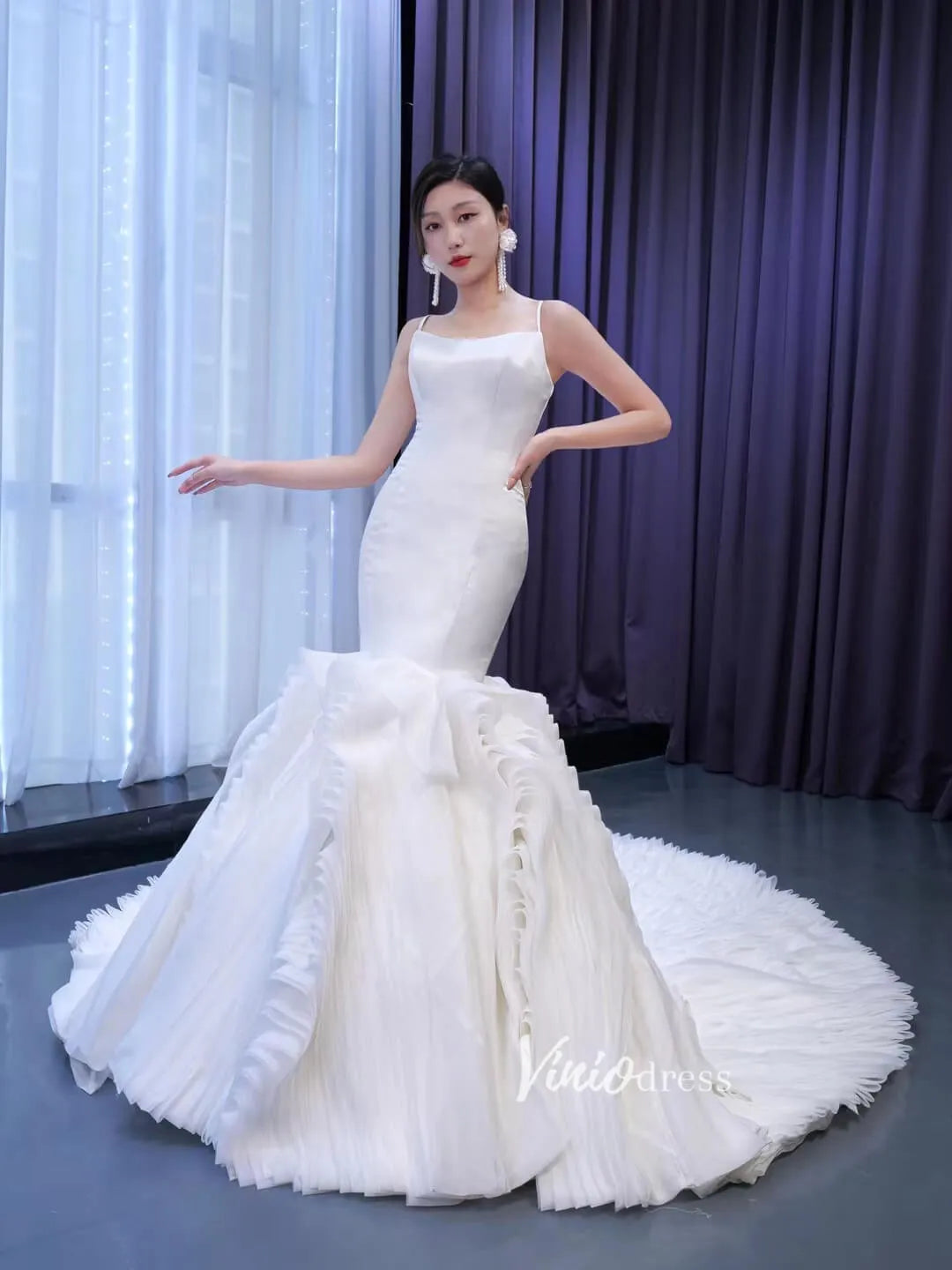 Simple Satin Mermaid Wedding Dresses Ruffle Bridal Gown 67378-wedding dresses 2025 -Viniodress-Ivory-Custom Size-