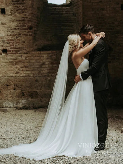 Simple Strapless A-line Wedding Dresses with Veil VW1828-wedding dresses 2025 -Viniodress-Ivory-Custom Size-