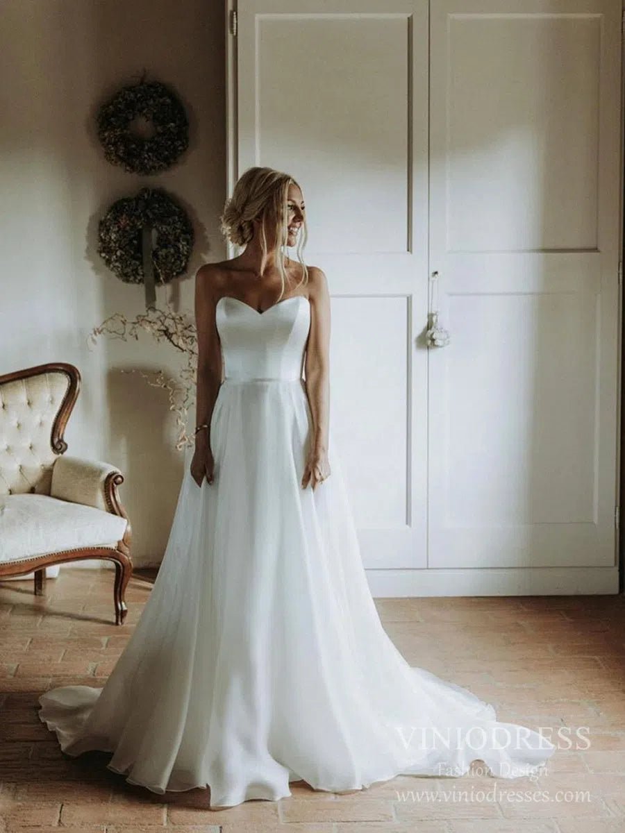 Simple Strapless A-line Wedding Dresses with Veil VW1828-wedding dresses 2025 -Viniodress-Ivory-Custom Size-