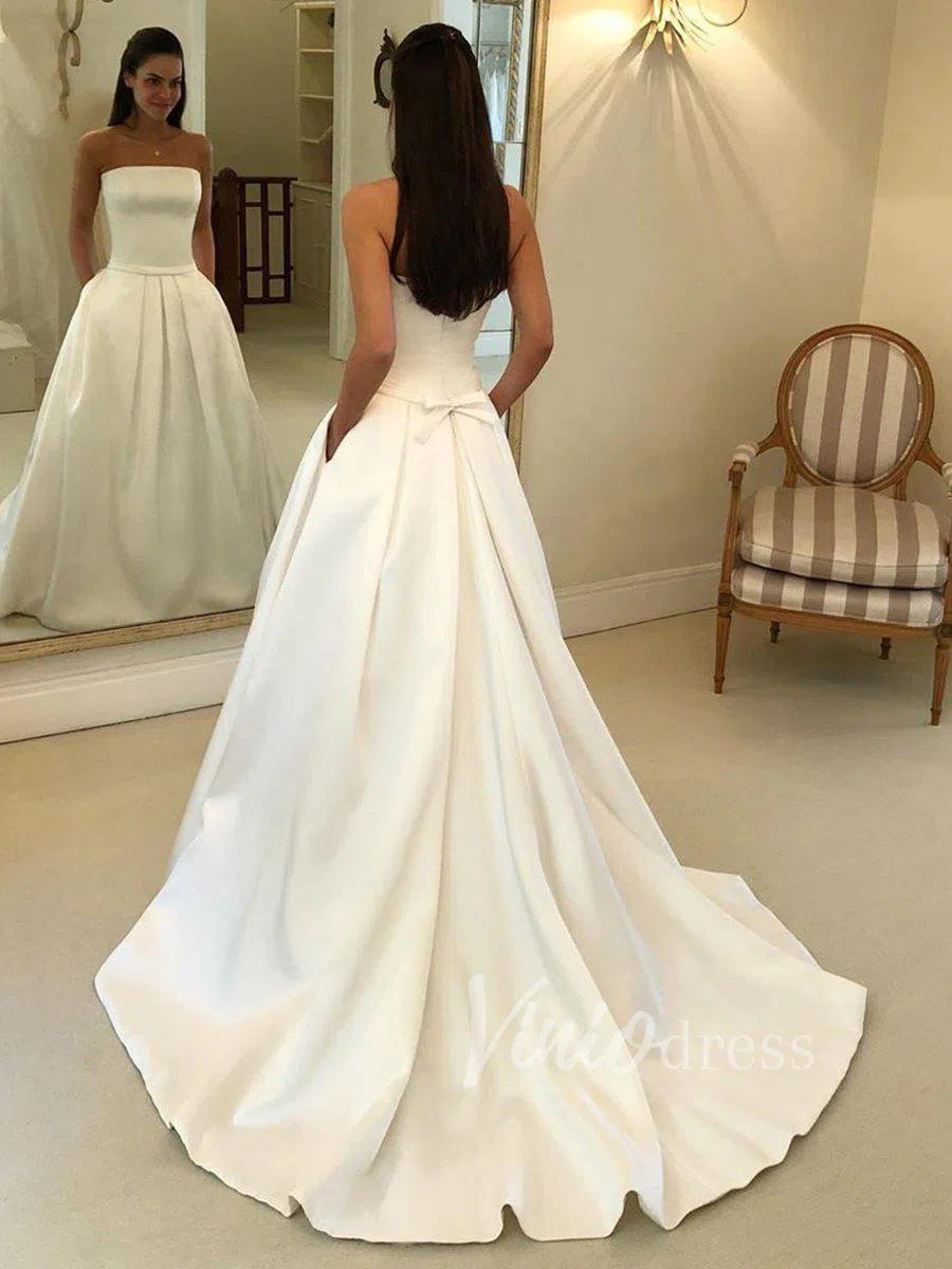 Simple Strapless Satin Wedding Dresses with Pockets VW1207-wedding dresses 2025 -Viniodress-Ivory-Custom Size-