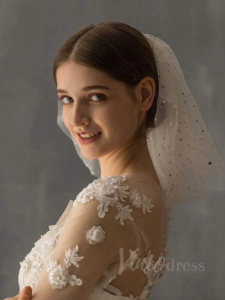 Simple Wedding Veils with Gold Stars AC1011-Bridal Veil 2025 -Viniodress-Ivory-