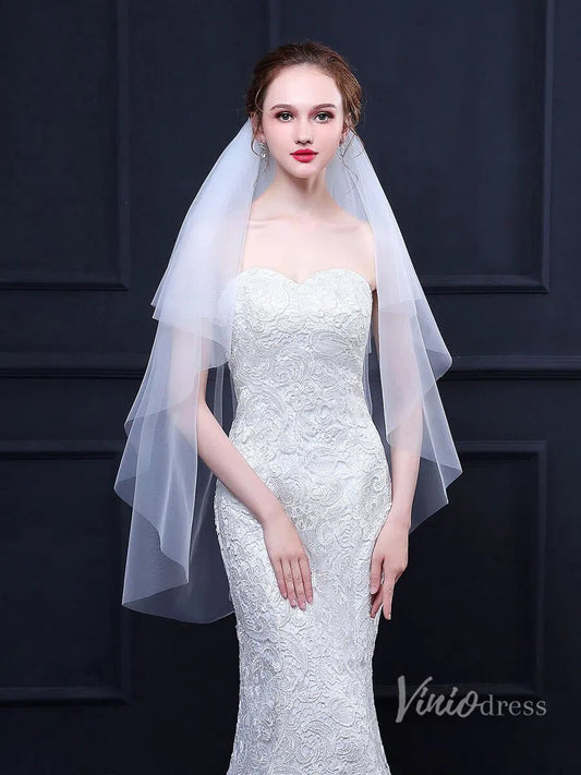 Simple White Fingertip Length Bridal Veil with Blusher Viniodress TS18022-Bridal Veil 2025 -Viniodress-White-