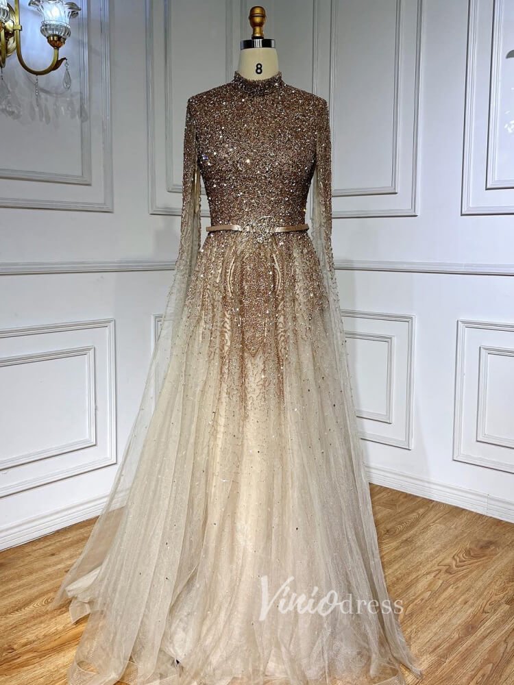 Sky Blue Beaded Evening Dresses Extra Long Sleeve High Neck Pageant Dress FD3017-Evening Dresses 2025 -Viniodress-Blue-US 2-
