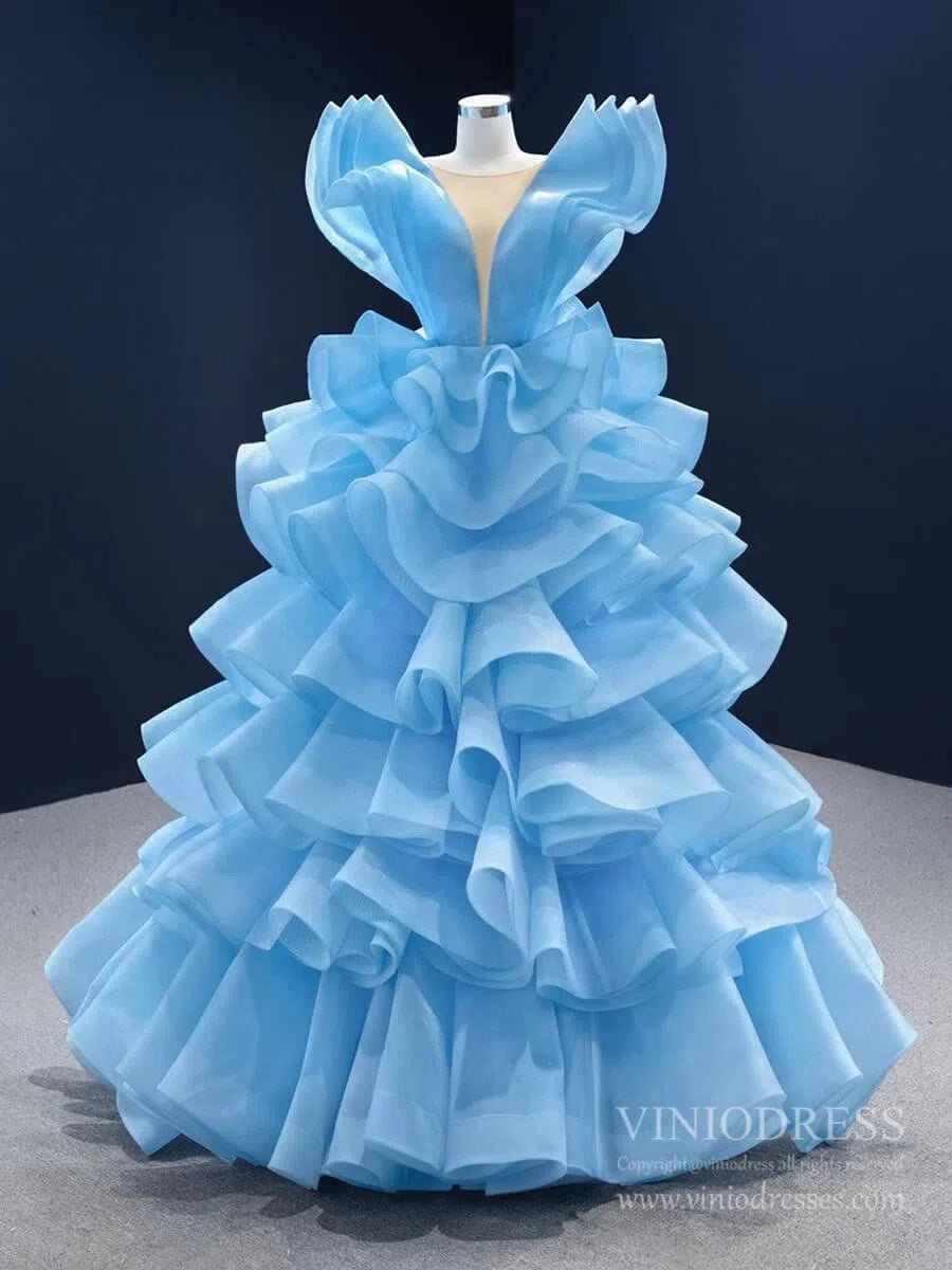 Sky Blue Pageant Gown Deep V-neck Tiered Prom Dresses 67202 viniodress-Quinceanera Dresses 2025 -Viniodress-Light Blue-Custom Size-