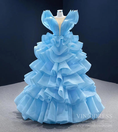 Sky Blue Pageant Gown Deep V-neck Tiered Prom Dresses 67202 viniodress-Quinceanera Dresses 2025 -Viniodress-Light Blue-Custom Size-