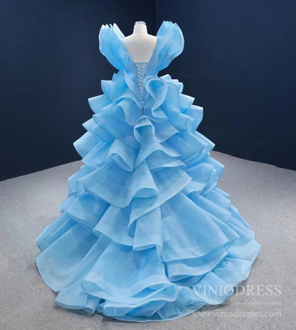 Sky Blue Pageant Gown Deep V-neck Tiered Prom Dresses 67202 viniodress-Quinceanera Dresses 2025 -Viniodress-Light Blue-Custom Size-