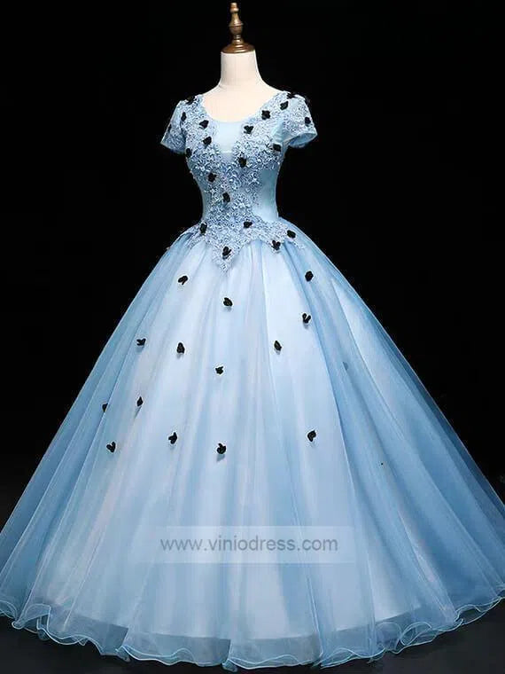 Sky Blue Short Sleeve Ball Gown Prom Dress Sweet 15 Dress FD1036-prom dresses 2025 -Viniodress-Light Blue-Custom Size-