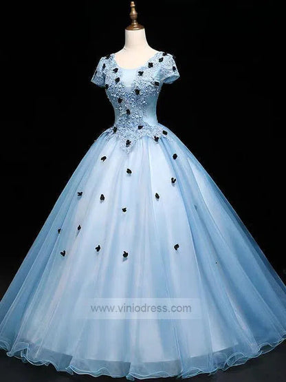 Sky Blue Short Sleeve Ball Gown Prom Dress Sweet 15 Dress FD1036-prom dresses 2025 -Viniodress-Light Blue-Custom Size-
