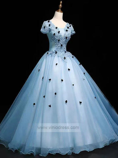 Sky Blue Short Sleeve Ball Gown Prom Dress Sweet 15 Dress FD1036-prom dresses 2025 -Viniodress-Light Blue-Custom Size-