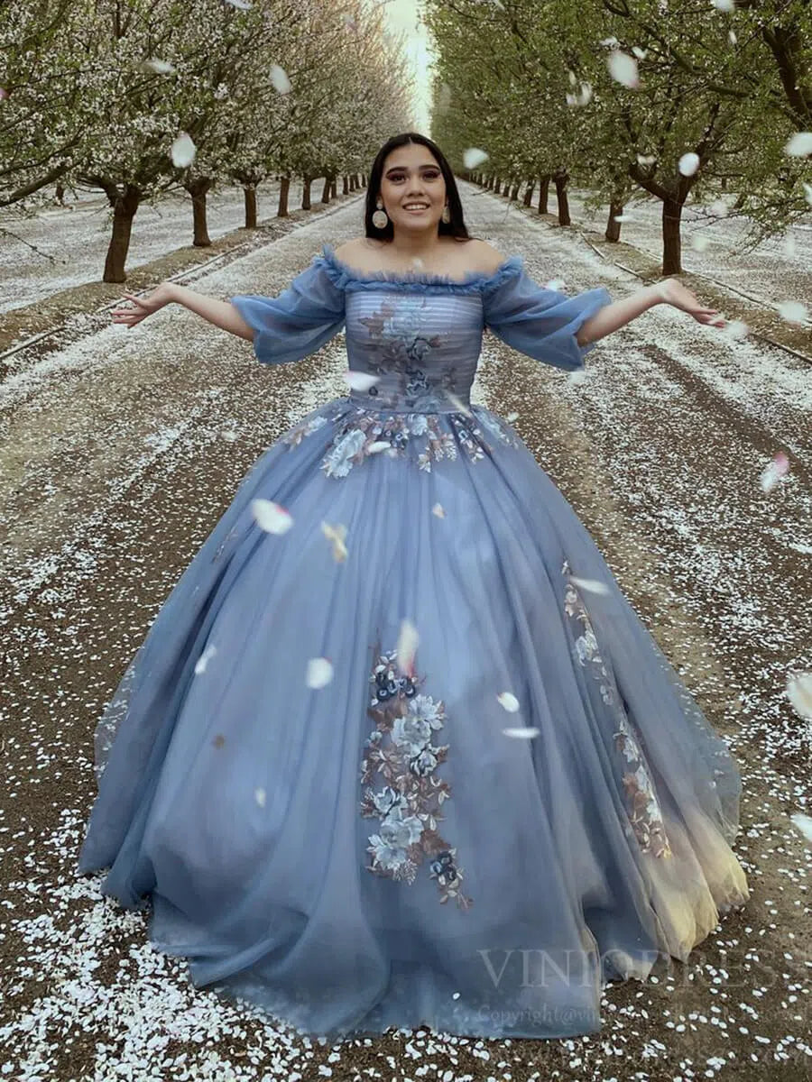 Slate Blue Long Prom Dresses Off the Shoulder Princess Dress FD1042 – Viniodress