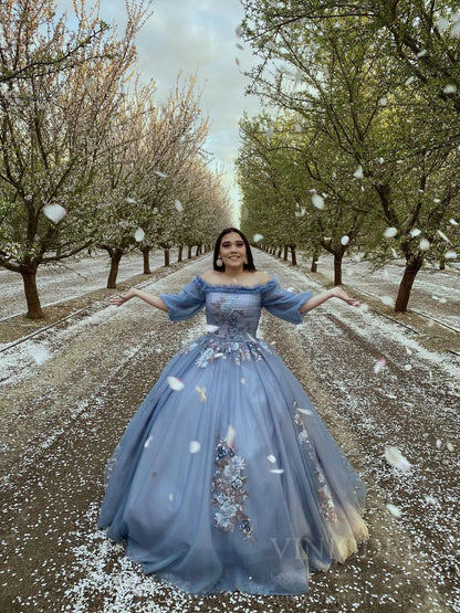 Slate Blue Long Prom Dresses Off the Shoulder Princess Dress FD1042-prom dresses 2025 -Viniodress-Dusty Blue-Custom Size-