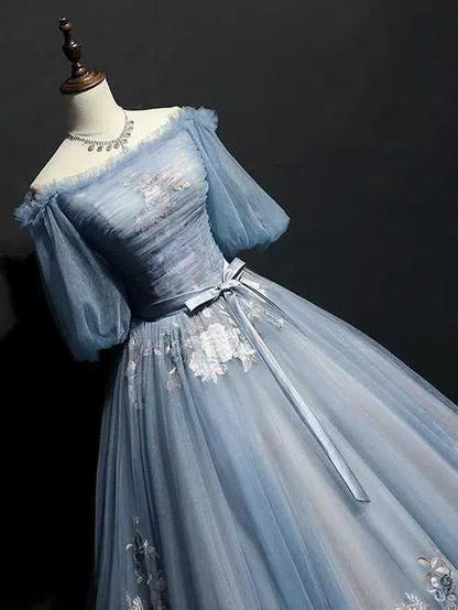 Slate Blue Long Prom Dresses Off the Shoulder Princess Dress FD1042-prom dresses 2025 -Viniodress-Dusty Blue-Custom Size-