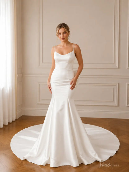 MN176 white satin mermaid wedding dress with a scoop neckline, delicate spaghetti straps, and a dramatic train.