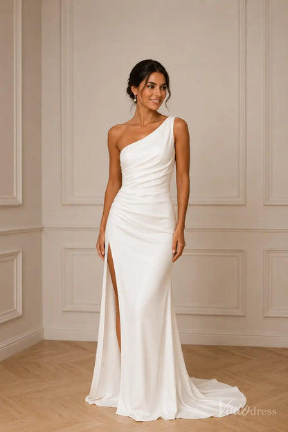 Elegant white satin one-shoulder wedding dress with a draped bodice and a high side slit, featuring a floor-length train.