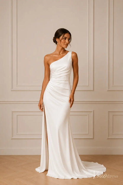 White one-shoulder satin bridal gown featuring a ruched bodice and a high side slit with a floor-length train.