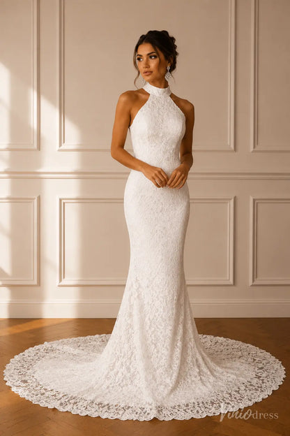 White lace mermaid wedding dress with a high halter neckline and a sweeping floor-length train.