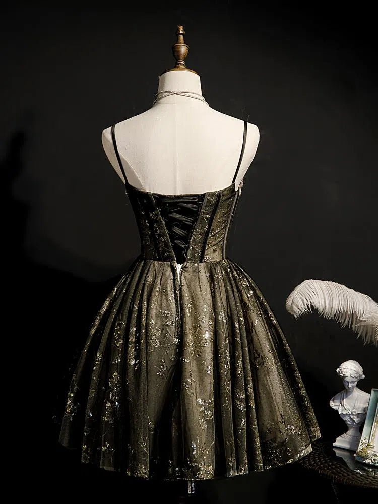 Spaghetti Strap Beaded Black Lace Homecoming Dresses SD1370-Homecoming Dresses 2025 -VINIODRESS-Custom Size-Black-