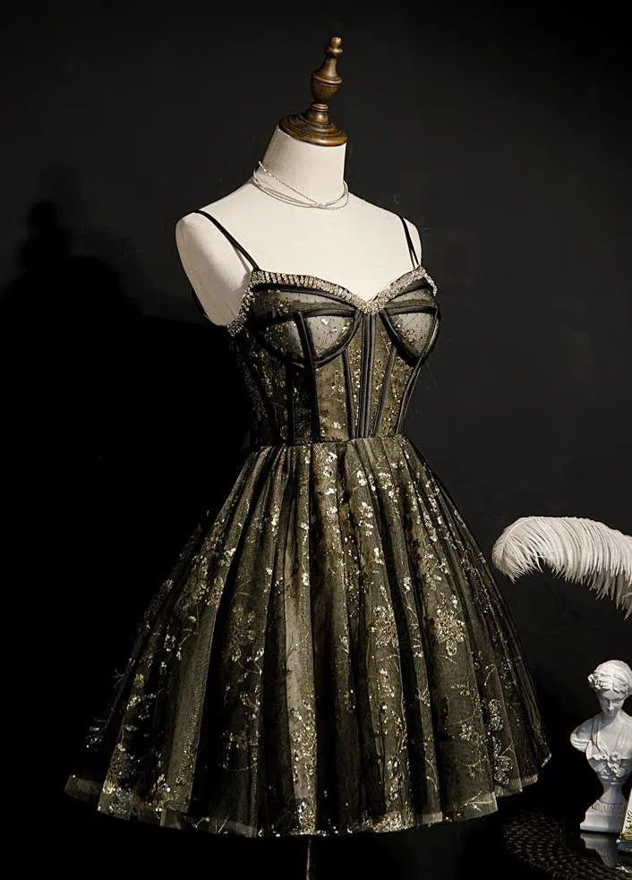 Spaghetti Strap Beaded Black Lace Homecoming Dresses SD1370-Homecoming Dresses 2025 -VINIODRESS-Custom Size-Black-