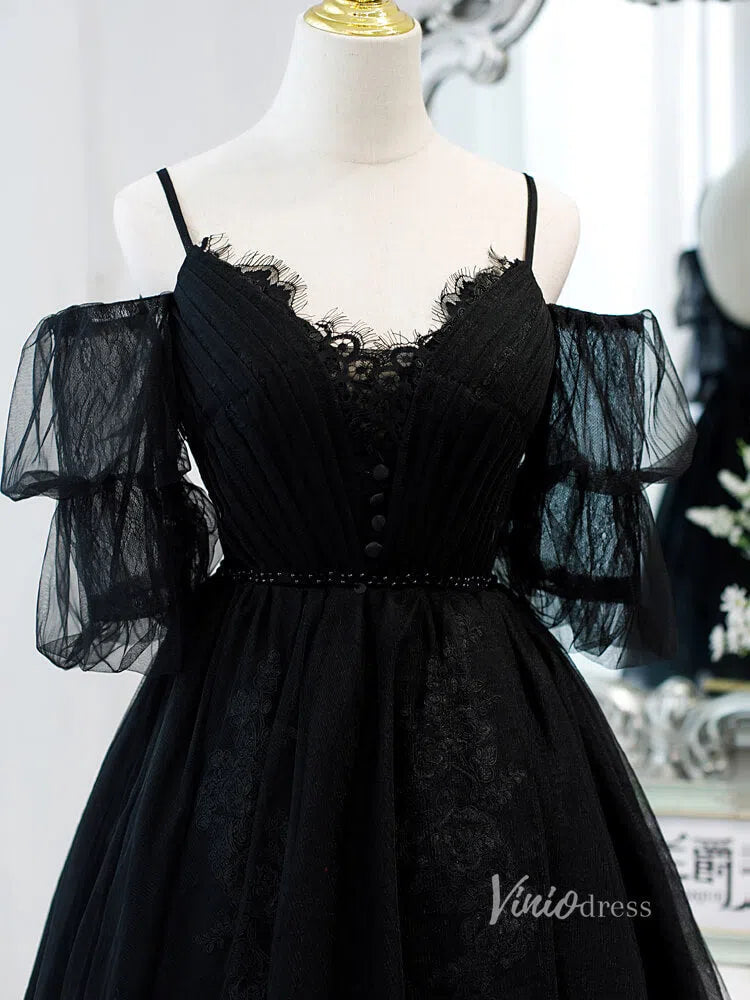 Spaghetti Strap Black Homecoming Dresses with Sleeves SD1410-Homecoming Dresses 2025 -Viniodress-Black-Custom Size-
