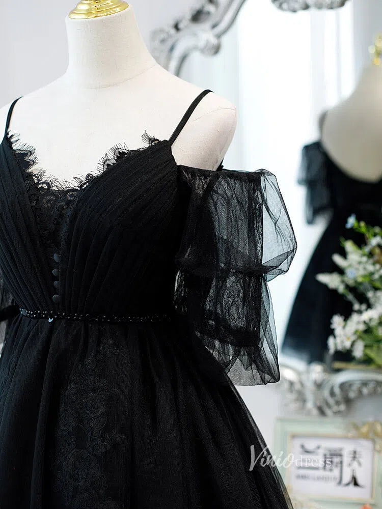 Spaghetti Strap Black Homecoming Dresses with Sleeves SD1410-Homecoming Dresses 2025 -Viniodress-Black-Custom Size-