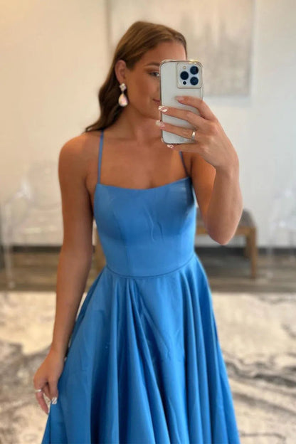 Spaghetti Strap Blue Satin Prom Dresses with Pockets FD3515B-prom dresses 2025 -Viniodress-Blue-Custom Size-
