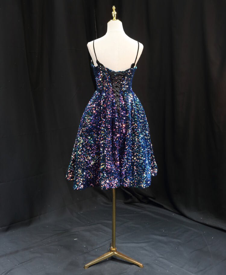 Spaghetti Strap Blue Sequin Shiny Homecoming Dresses SD1393-Homecoming Dresses 2025 -Viniodress-Blue-Custom Size-