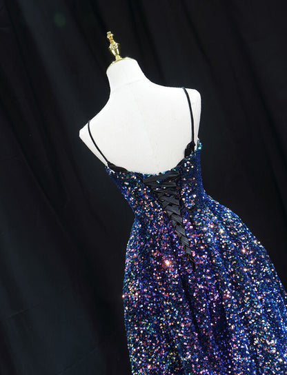 Spaghetti Strap Blue Sequin Shiny Homecoming Dresses SD1393-Homecoming Dresses 2025 -Viniodress-Blue-Custom Size-