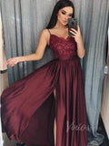 Spaghetti Strap Cheap Formal Dresses with Slit Silver Prom Dress FD1323-prom dresses-Viniodress-Burgundy-Custom Size-Viniodress