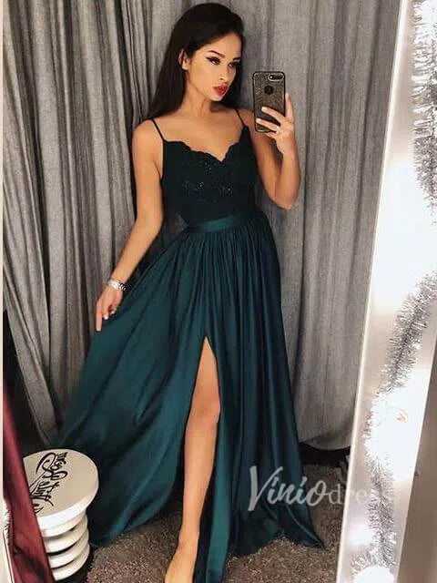 Spaghetti Strap Cheap Formal Dresses with Slit Silver Prom Dress FD1323-prom dresses-Viniodress-Emerald Green-Custom Size-Viniodress