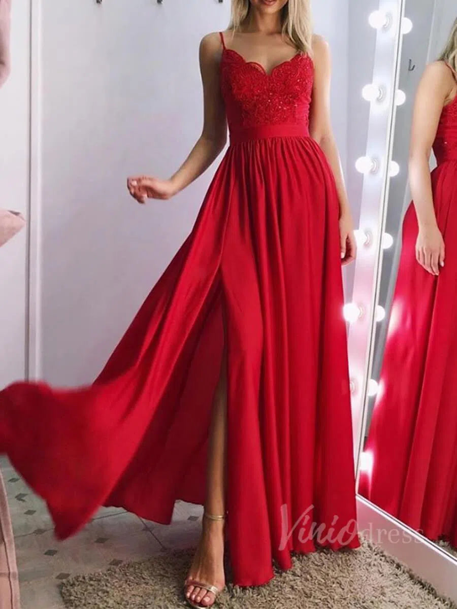 Spaghetti Strap Cheap Formal Dresses with Slit Silver Prom Dress FD1323-prom dresses-Viniodress-Red-Custom Size-Viniodress