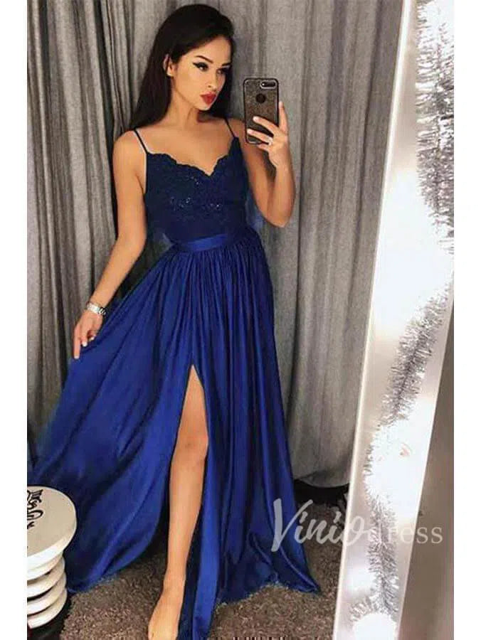 Spaghetti Strap Cheap Formal Dresses with Slit Silver Prom Dress FD1323-prom dresses-Viniodress-Royal Blue-Custom Size-Viniodress