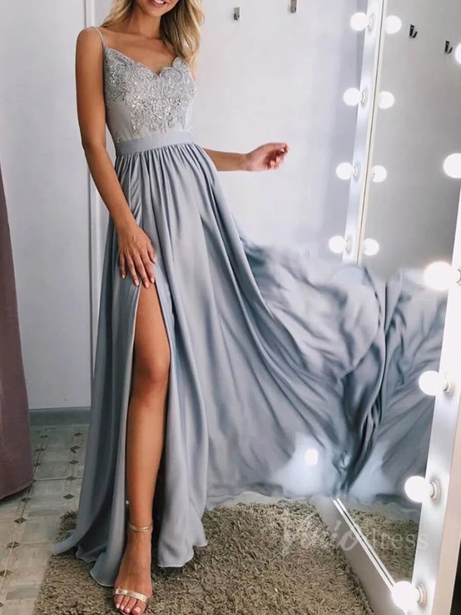 Spaghetti Strap Cheap Formal Dresses with Slit Silver Prom Dress FD1323-prom dresses-Viniodress-Silver-Custom Size-Viniodress