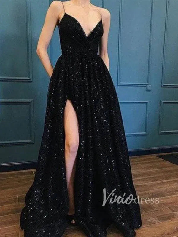 Spaghetti Strap Glittering Black Long Prom Dresses FD1407-prom dresses-Viniodress-Black-US 2-Viniodress