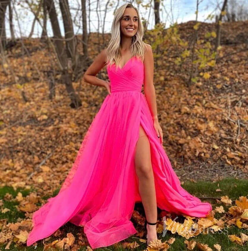Spaghetti Strap Hot Pink Tulle Prom Dresses with Slit FD2544-prom dresses 2025 -Viniodress-Hot Pink-Custom Size-