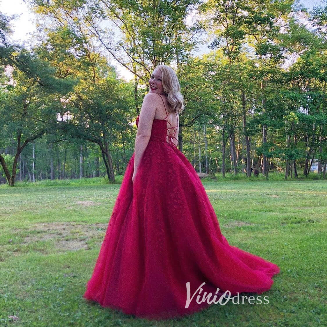 Spaghetti Strap Lace Long Prom Dresses Lace-Up Back FD1265B-prom dresses 2025 -Viniodress-Lavender-Custom Size-