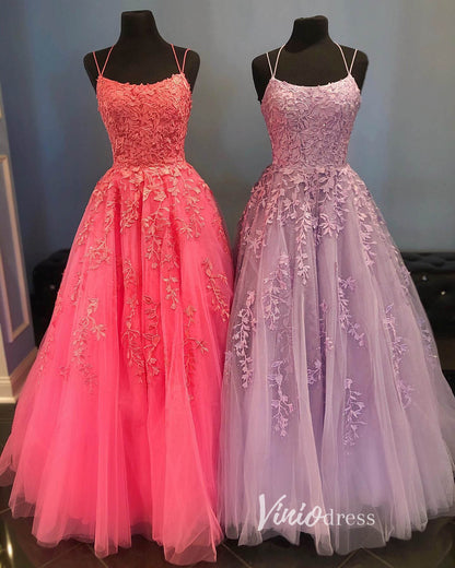 Spaghetti Strap Lace Long Prom Dresses Lace-Up Back FD1265B-prom dresses 2025 -Viniodress-Lavender-Custom Size-