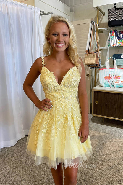 Spaghetti Strap Lavender Lace Homecoming Dresses SD1177V-Homecoming Dresses 2025 -Viniodress-Yellow-Custom Size-